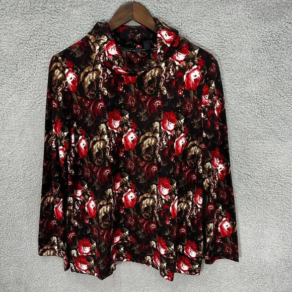 Susan Graver weekend top large red floral abstract cowl neck whimsigoth romantic - Picture 1 of 8
